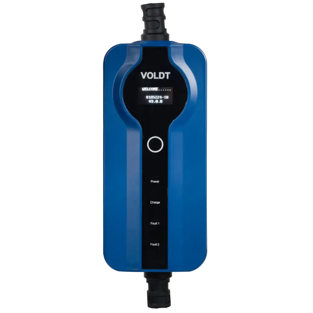 Een blauwe VOLDT oplader met een klein display, centrale ronde knop, stroomindicatoren en kabelaansluitingen boven en onder; compatibel met het product 🇳🇱 Type 2 Schuko 230V Mobiele laadkabel | thuislader | Regelbaar 3,7kW | Nederlands.