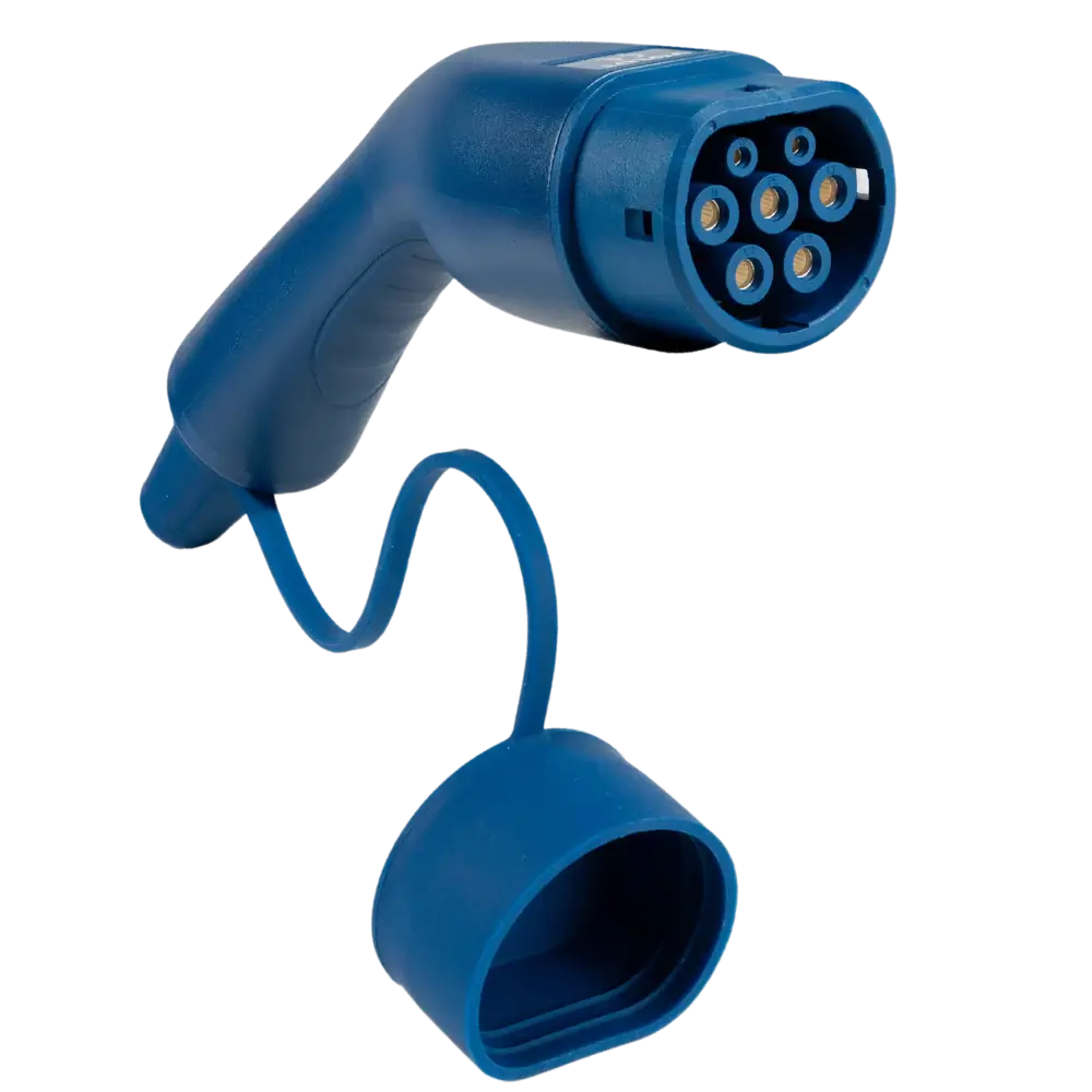De 🇳🇱 Type 2 Schuko 230V mobiele laadkabel | thuislader is een blauwe elektrische auto-laadkabel met regelbaar 3,7kW, gebogen handgreep, beschermkap aan flexibele band en een ronde connector met meerdere metalen pinnen. Nederlands product, 3 jaar garantie.