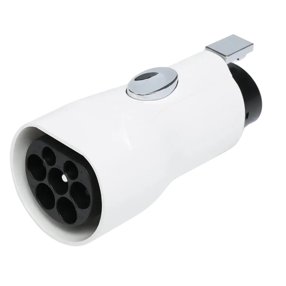 De Type 2 naar Type 1 adapter | J1772 EV laadadapter is een witte adapter voor je elektrische auto, met een ronde stekker met meerdere gaten en een knop bovenop, geschikt voor J1772 laadaansluiting.