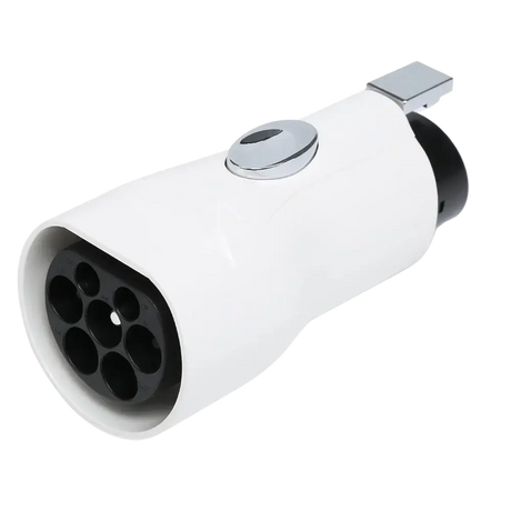 De Type 2 naar Type 1 adapter | J1772 EV laadadapter is een witte adapter voor je elektrische auto, met een ronde stekker met meerdere gaten en een knop bovenop, geschikt voor J1772 laadaansluiting.