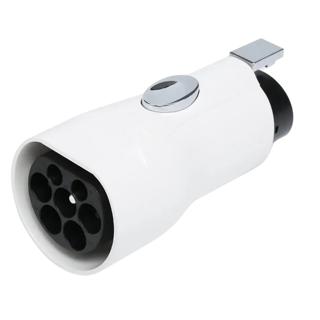 De Type 2 naar Type 1 adapter | J1772 EV laadadapter is een witte adapter voor je elektrische auto, met een ronde stekker met meerdere gaten en een knop bovenop, geschikt voor J1772 laadaansluiting.