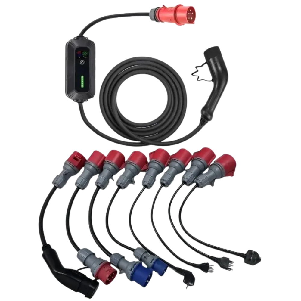 De 🇳🇱 VOLDT Booster Master Travelset is een zwarte mobiele EV-lader met bedieningskast en verwisselbare rode en blauwe adapters, een 22kW 3-fase professionele laadoplossing geschikt voor diverse stekkertypes.