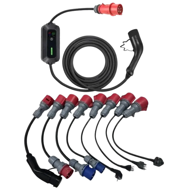 De 🇳🇱 VOLDT Booster Master Travelset is een zwarte mobiele EV-lader met bedieningskast en verwisselbare rode en blauwe adapters, een 22kW 3-fase professionele laadoplossing geschikt voor diverse stekkertypes.