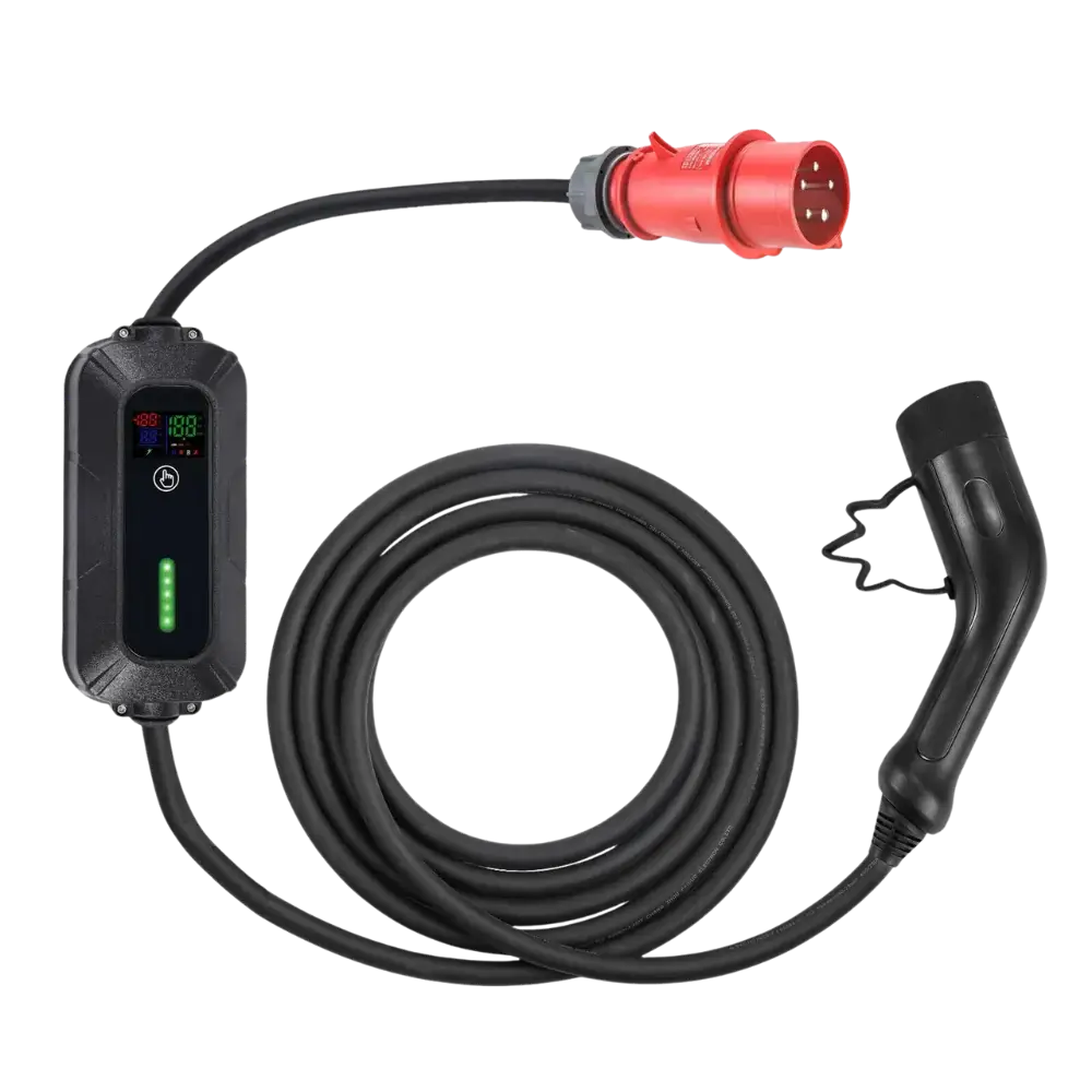 De 🇳🇱 VOLDT Booster Master Travelset is een 22kW 3-fase professionele laadoplossing: een handige mobiele EV-lader met controlebox, LED-indicatoren, opgerolde zwarte kabel, rode industriële stekker en standaard EV-stekker.