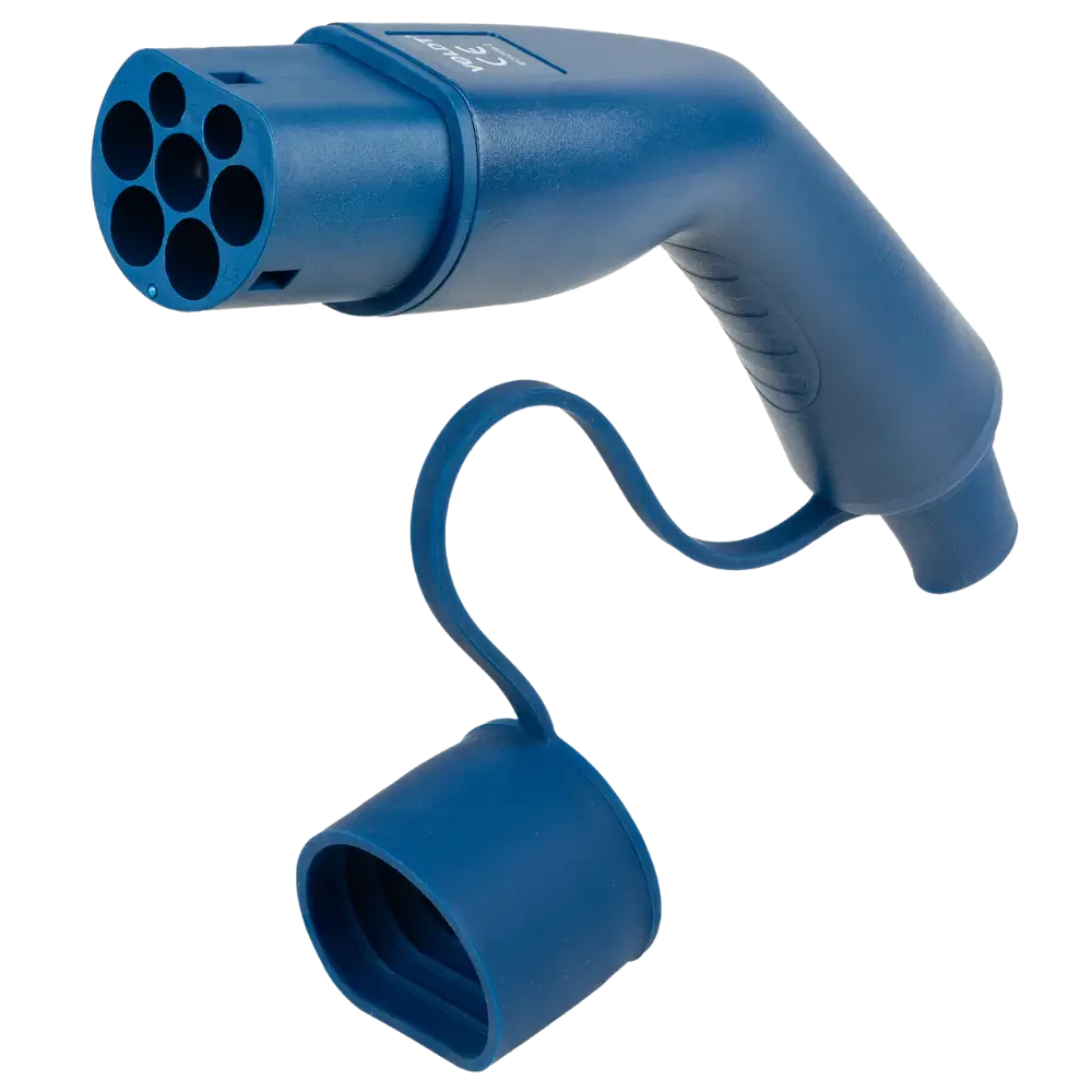 De 🇳🇱 VOLDT Type 2 Mode 3 16A 3-Fase Laadkabel 11kW, een blauwe laadstekker voor elektrische auto laden met zes ronde gaten en een flexibele dop, is afgebeeld op een effen witte achtergrond. Wordt geleverd met 3 jaar garantie; Nederlands product.