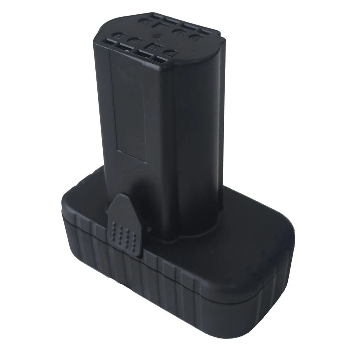 Een zwarte vervangende Snap-on-accu van 14,4 V – CTB8174 / CTB8172 Li-ion met rechthoekige basis en verticale aansluiting, voor Snap-on 14-gereedschap, wordt afgebeeld tegen een witte achtergrond.
