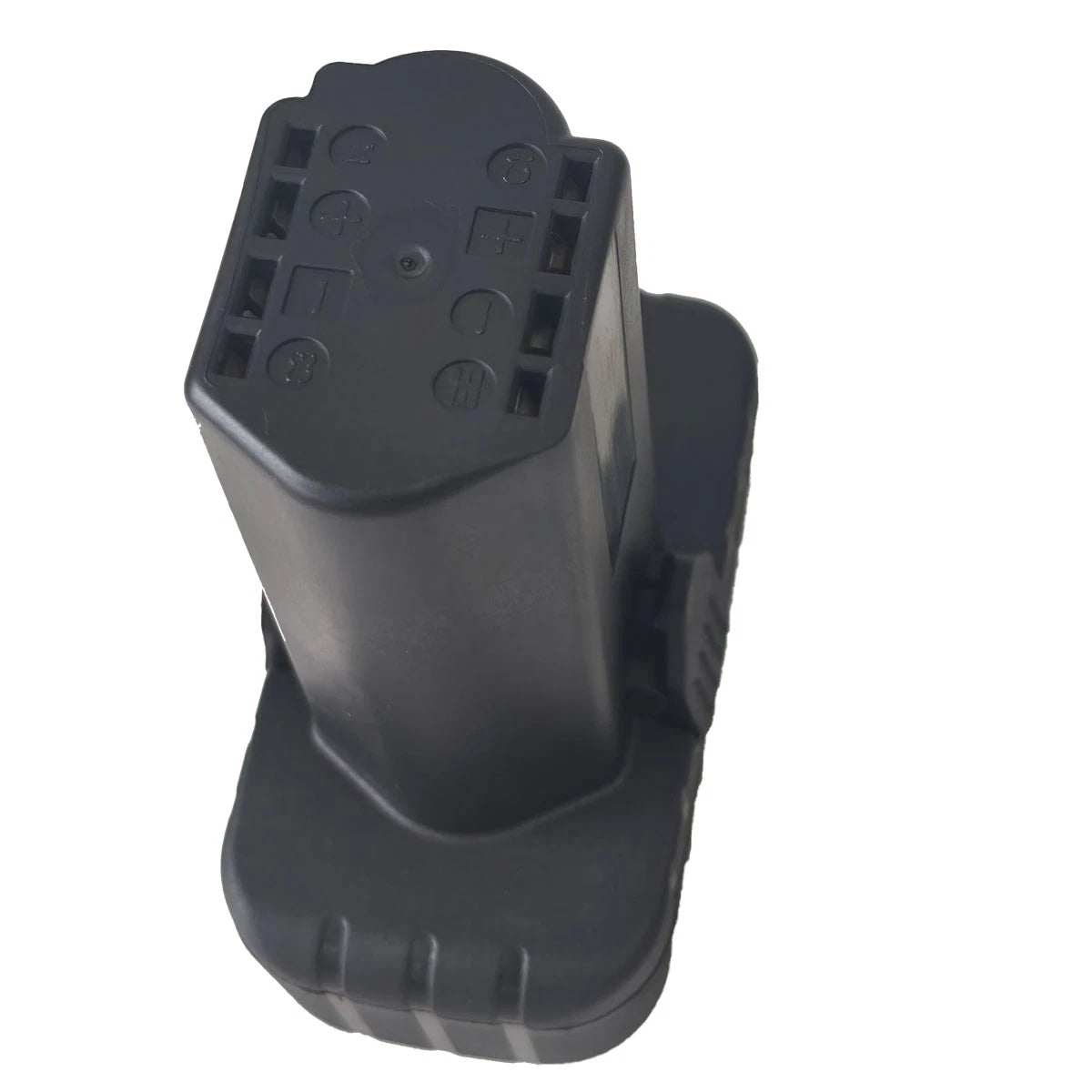 De vervangende Snap-on 14,4 V-accu – CTB8174 / CTB8172 Li-ion is een zwarte oplaadbare accu met een rechthoekige aansluiting en meerdere aansluitpunten, ontworpen voor Snap-on 14,4 V-gereedschap, afgebeeld op een witte achtergrond.