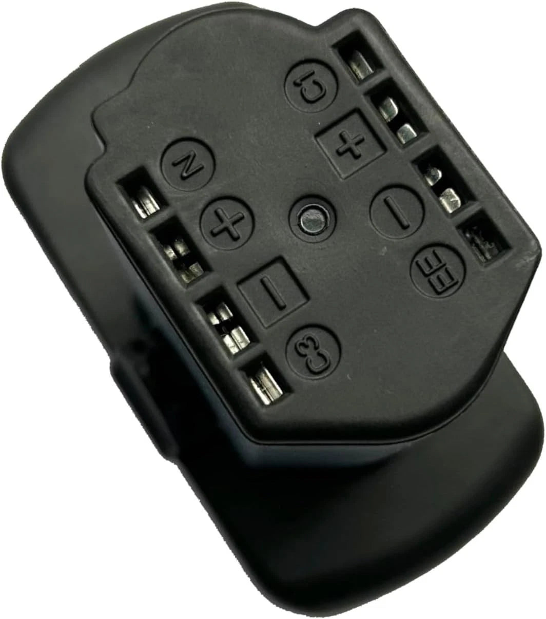 Een close-up van een zwarte elektrische connector met gelabelde pinnen (N, L, nummers), compatibel met CTB8174/CTB8172 — ideaal voor gebruik met de Vervangende accu Snap-on 14,4 V – CTB8174 / CTB8172 Li-ion – afgebeeld tegen een witte achtergrond.