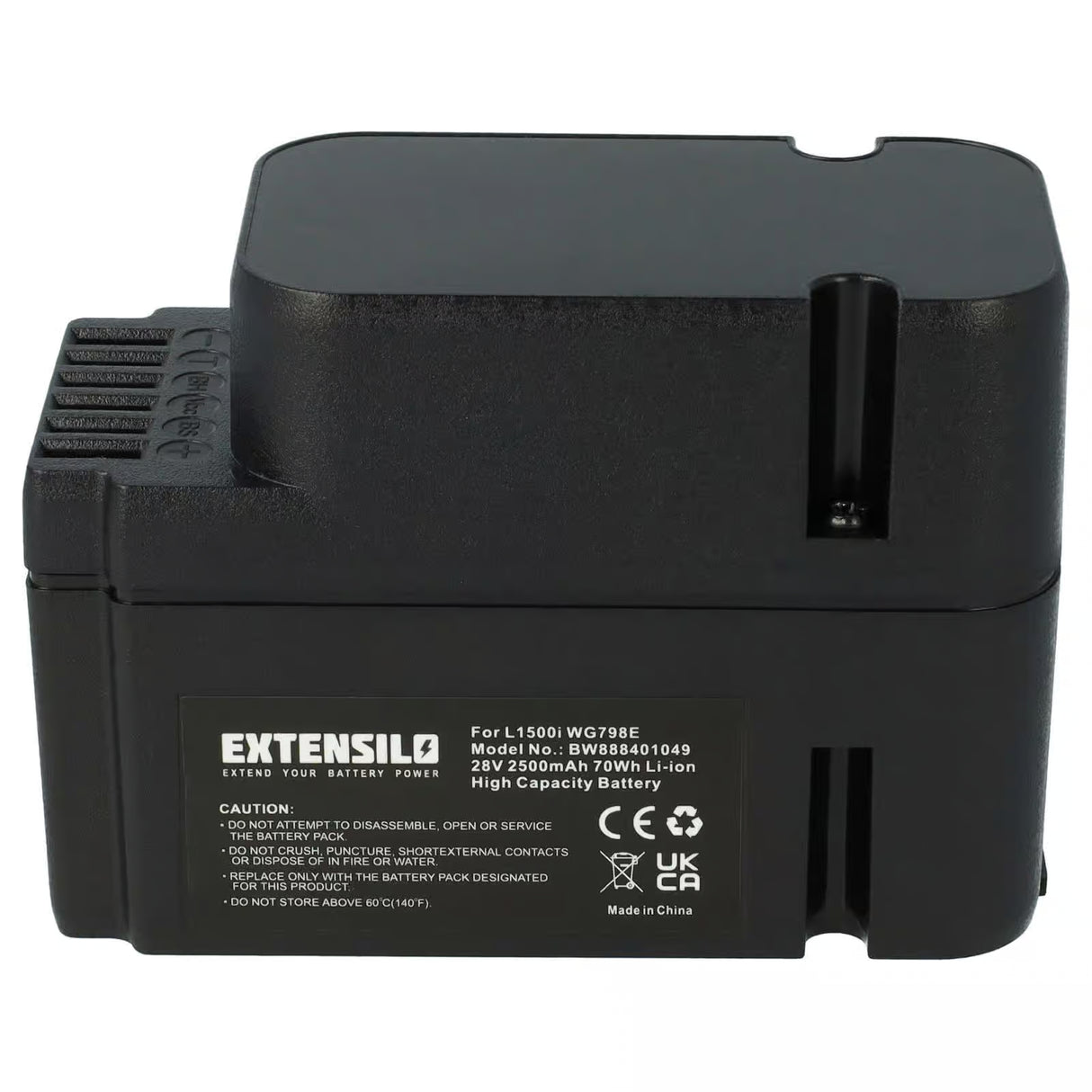 De Worx Landroid 28V Accu Li-ion (M- & L-Serie) - 2,5Ah (WA3225 / WA3226) is een zwarte, rechthoekige accu met hoge capaciteit, voorzien van waarschuwingslabels en certificeringen, die dient als vervangende accu voor compatibele 28V robotmaaiers.