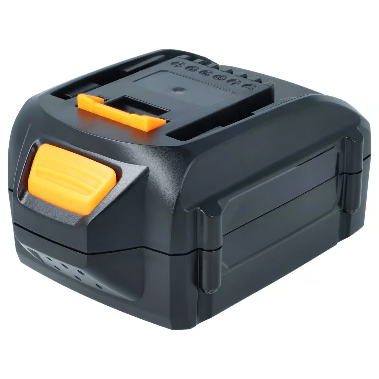 De Worx / Rockwell 18V-20V Max Accu Li-ion (RW9161 / RW9351.1 PowerShare) is een zwarte, rechthoekige oplaadbare accu met oranje accenten en aansluitklemmen aan de bovenkant - ideaal als vervangende accu voor PowerShare gereedschap.