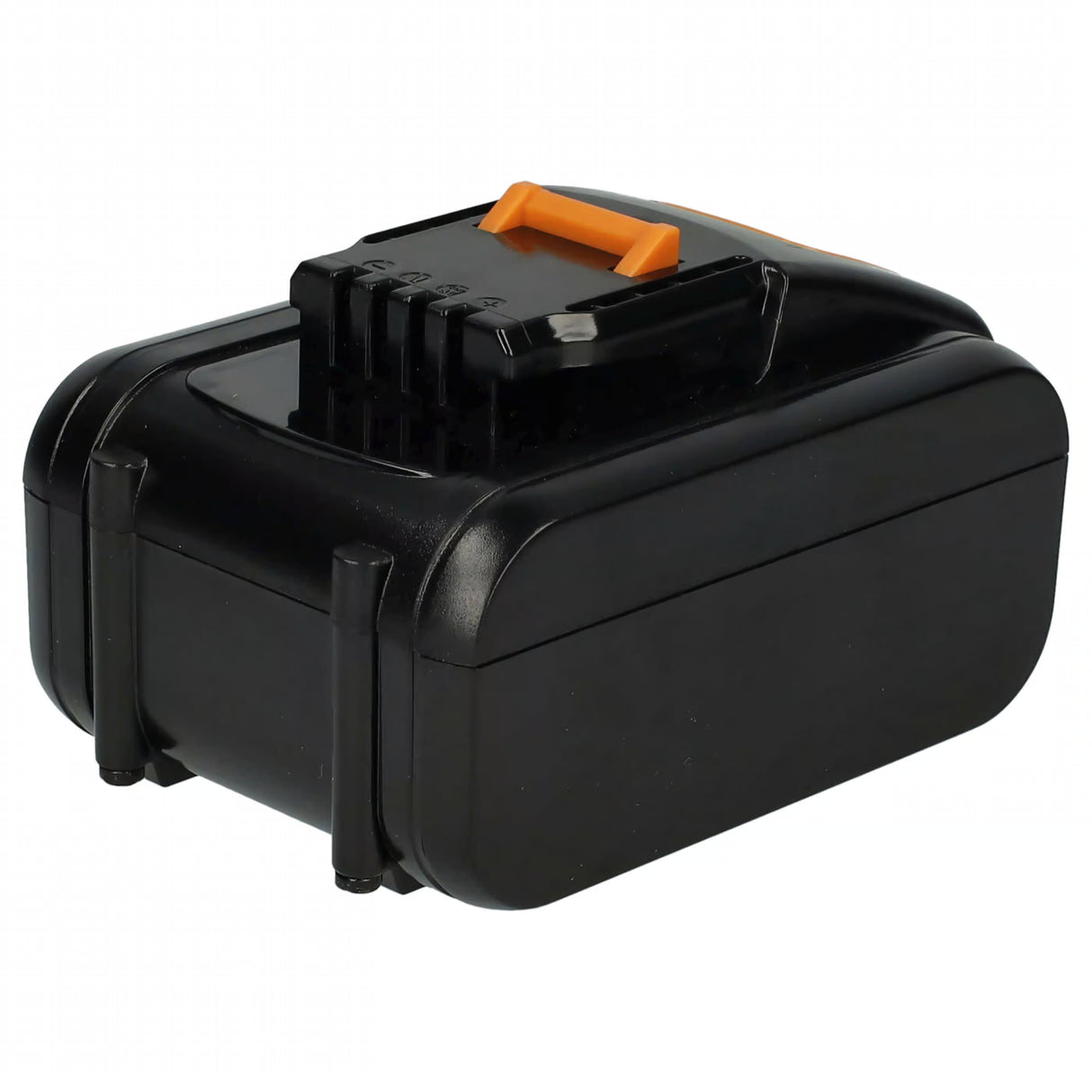 Dit is een zwarte rechthoekige Worx / Rockwell 18V-20V Max Li-ion accu (RW9161 / RW9351.1 PowerShare) voor elektrisch gereedschap, met een oranje ontgrendeling en connector aan de zijkant; compatibel als vervanging voor Worx PowerShare-systemen.