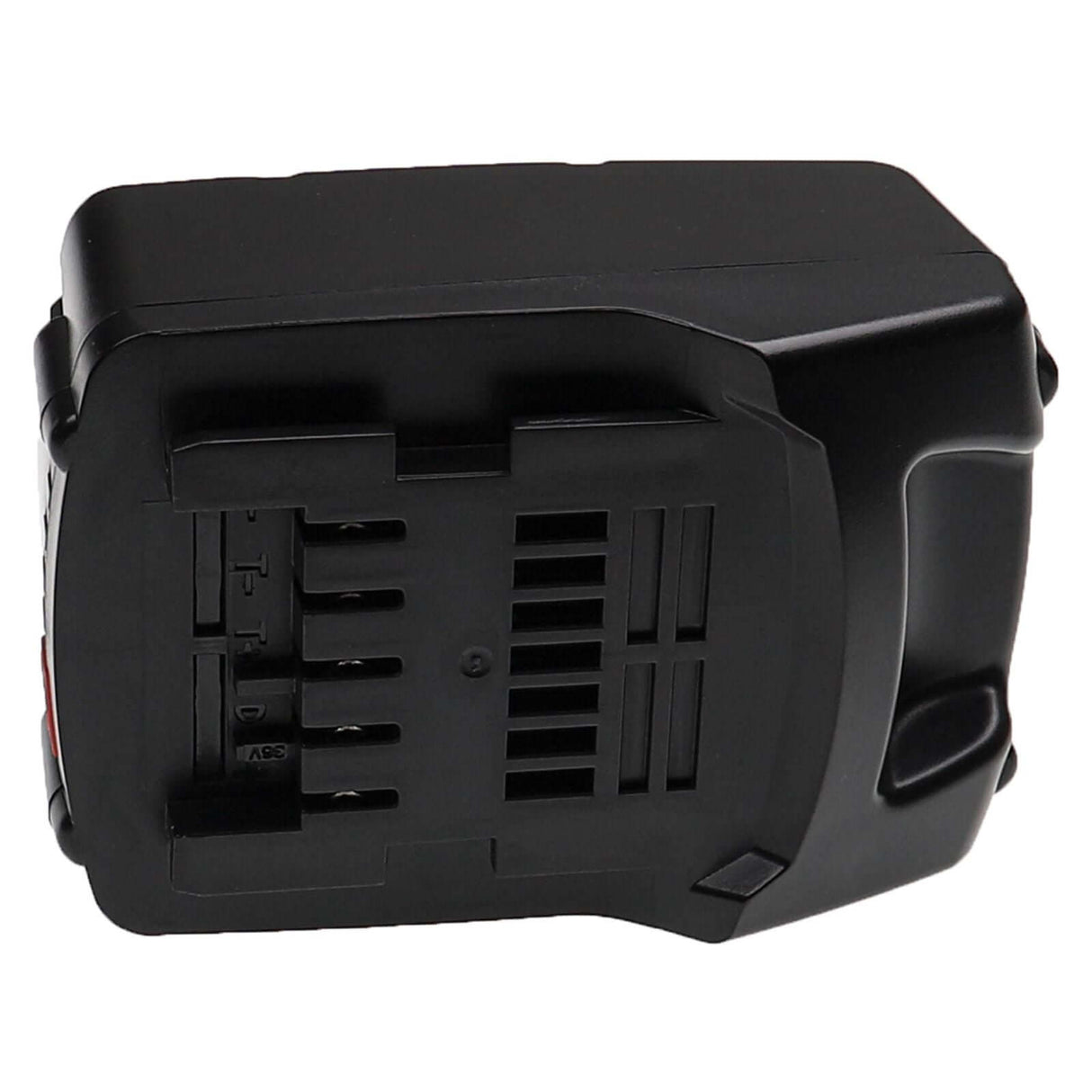 Een close-up van de Accu voor Metabo 6.25453 36V Li-Ion accupack in zwart, met de nadruk op de rechthoekige vorm, zichtbare contactpunten en ventilatiesleuven aan de onderkant.