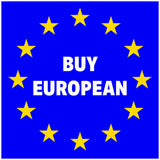 Een blauwe achtergrond met twaalf gele sterren in een cirkel die op de EU-vlag lijkt. In het midden staat in vette witte tekst BUY EUROPEAN.