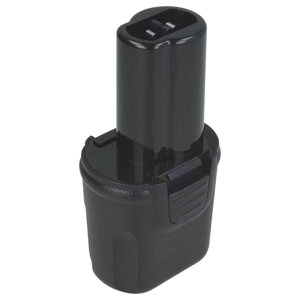 Een zwart, oplaadbaar Accu voor DeWALT DC600 3,6V gereedschap met een cilindrische bovenkant, rechthoekige basis en vergrendeling voor stevige bevestiging.