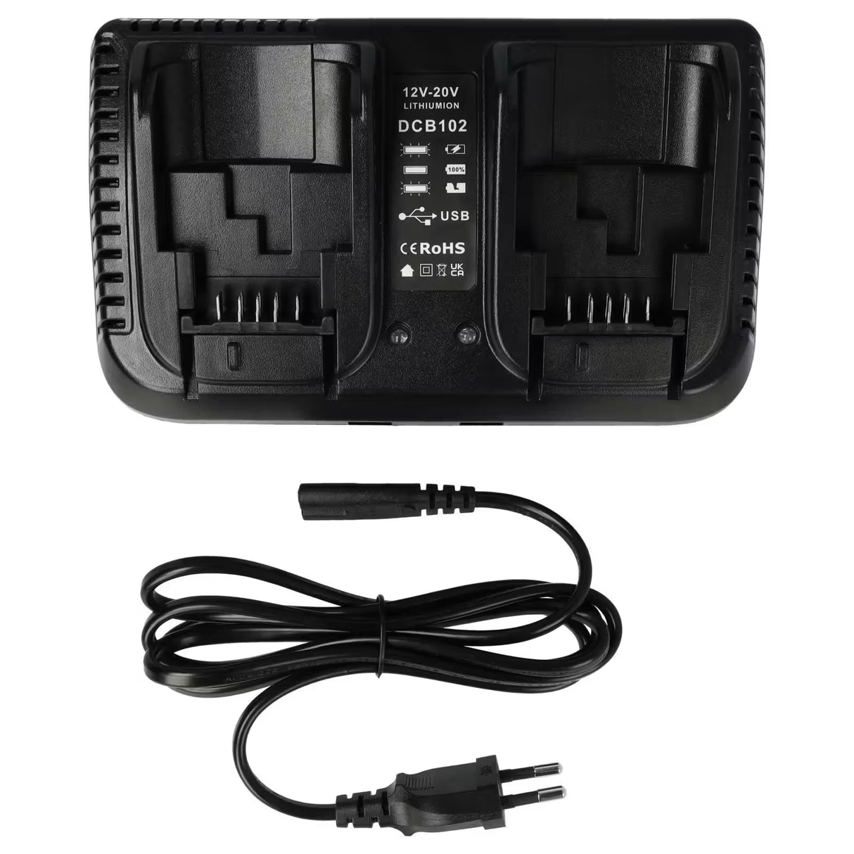 Dewalt dual acculader met LED-statusindicator, compatibel met 12V-20V Dewalt Li-Ion accu's.