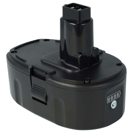 Een zwart Accu voor DeWALT DC9096 18V gereedschap met een oplaadbaar ontwerp, rechthoekige basis, rechtopstaande bovenaansluiting en indicatielampje aan de zijkant.