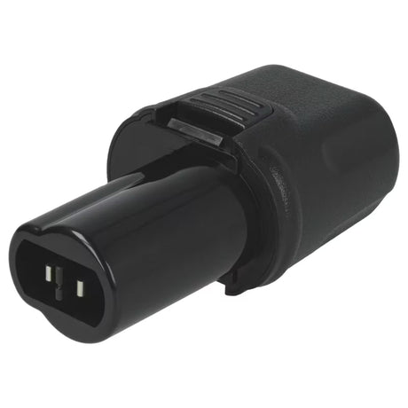 Een zwarte voedingsadapter met twee metalen pinnen en een handgreep met structuur, ideaal voor gebruik met de Accu voor DeWALT DC600 3,6V gereedschap of compatibele Ni-MH accu DeWALT apparaten.