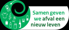 Een groen en wit bord met pictogrammen van recyclebare items zoals kleding, een fles, batterijen en een stekker. De Nederlandse tekst luidt: Samen geven we afval een nieuw leven.