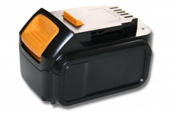 Een zwart met gele rechthoekige oplaadbare accu met getextureerde handgreep, compatibel als een DeWalt 14,4V XR Li-ion accu vervanging voor DCB140/141/142 (XJ) en DCD735, DCF835 gereedschappen; hoge capaciteit.