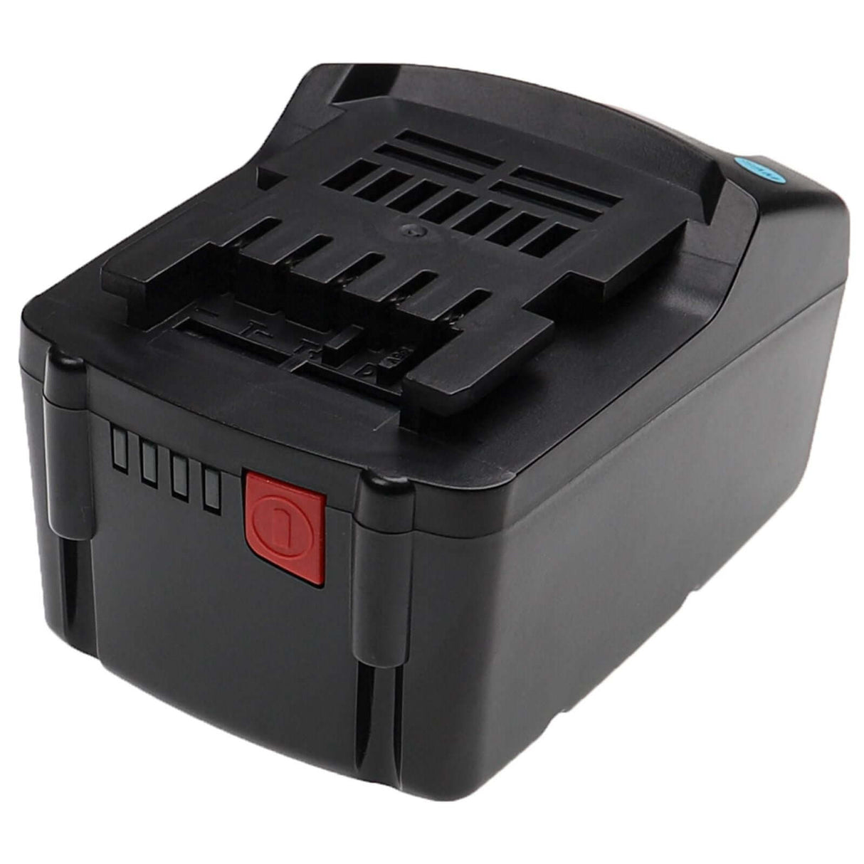 De Accu voor Metabo 6.25453 36V Li-Ion is een zwarte oplaadbare accu met een rode ontgrendelingsknop en indicatielampjes, ontworpen om aan te sluiten op compatibele Metabo 36V gereedschappen of laders.