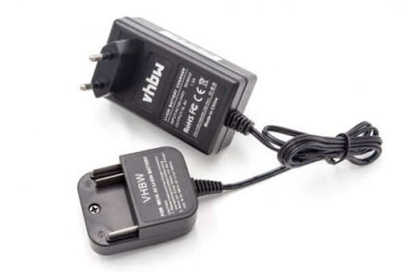 Een zwarte VHbw vervangende lader voor Makita 14,4V Li-Ion accu's (BL1415, BL1430, BL1440, BL1450, BL1460, 194065-3, 194066-1, JT6226), met tweepolige stekker en kabel, is afgebeeld op een wit vlak met het label en de certificatiesymbolen zichtbaar.