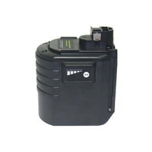 Zwarte Bosch 24V Ni-MH accu (vervangt BAT240, BAT299, 2 607 335 082, 2607335097), geschikt voor GBH 24V en BTI/Ramset 24V systemen, met zichtbare laadindicator en bovenliggende aansluitklemmen op witte achtergrond.