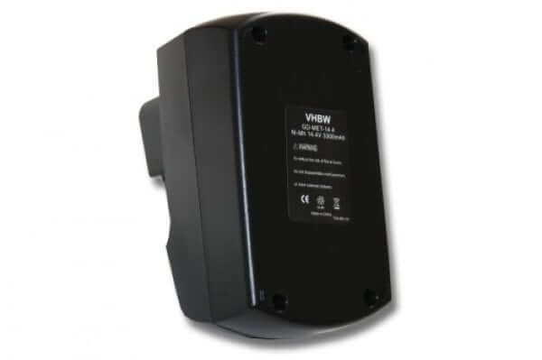 Een zwarte rechthoekige Metabo 14.4V Ni-MH accu vervanging, compatibel met 6.25475, 6.25476, 6.25482 batterijen; hoge capaciteit voor Metabo BSZ 14.4, BSZ 14.4 Impuls gereedschap; gefotografeerd op een witte achtergrond.