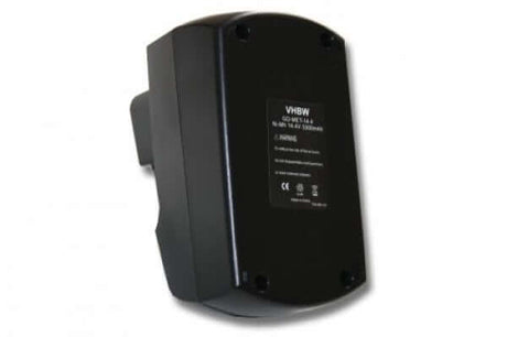 Een zwarte rechthoekige Metabo 14.4V Ni-MH accu vervanging, compatibel met 6.25475, 6.25476, 6.25482 batterijen; hoge capaciteit voor Metabo BSZ 14.4, BSZ 14.4 Impuls gereedschap; gefotografeerd op een witte achtergrond.