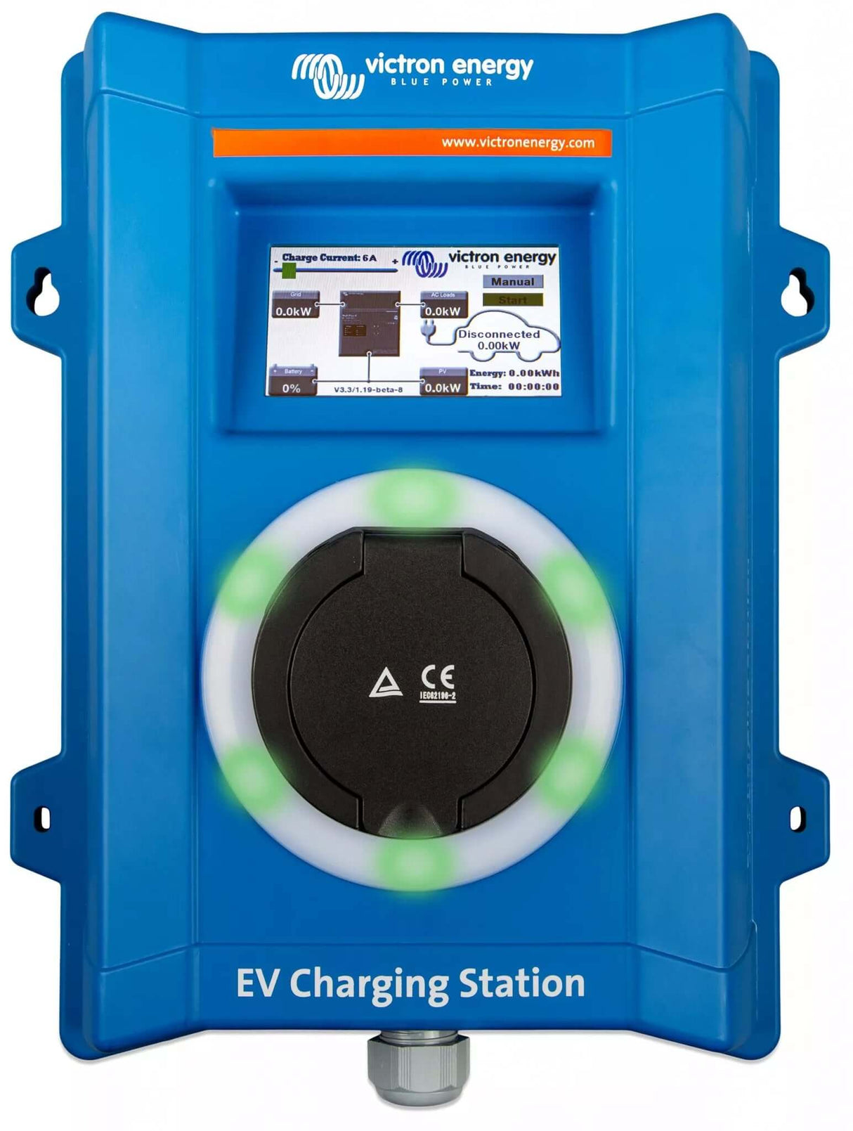 De Laadpaal Victron EV Laadstation (1-fase of 3 fasen, tot 22kW) is een blauw laadstation met een digitaal display, ronde laadpoort, CE-markering en stevige muurbeugels - perfect voor integratie met zonnepanelen.
