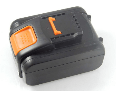 Een zwarte 12V 2000mAh Li-Ion accu die compatibel is met de Worx WX- en WU-serie, vervangt WA3527/WA3539; heeft een oranje ontgrendelknop en bovenste connectorsleuf, afgebeeld op een witte achtergrond.
