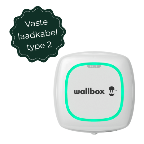 Een witte Wallbox Pulsar Plus oplader met een oplichtende groene omlijning en "wallbox" logo, voorzien van een vaste type 2 kabel (5 of 7 meter). Product: Voordeelset Laadstation Wallbox Pulsar Plus 3,7kW tot 22kW vaste kabel type 2.