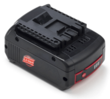 Een zwarte 3000mAh Ni-MH accu voor Bosch Gereedschap 18V met rode label en zwarte connectoren, geschikt als vervanging voor Bosch accu's zoals 2607336169/2607336236/1600Z00038. Compatibel met GSR, GSB, GBH, GDS 18V modellen.