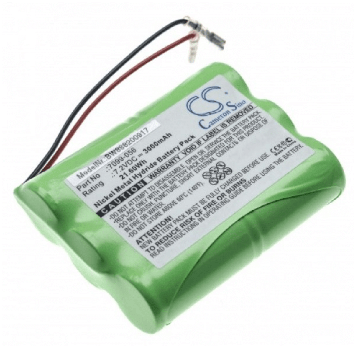 Een groene 7,2V Ni-MH accu met wit specificatielabel, zwart/rode draden en connector-ideaal als hoge capaciteit vervangende batterij voor Wolf-Garten tuingereedschap, compatibel met 7099-056.