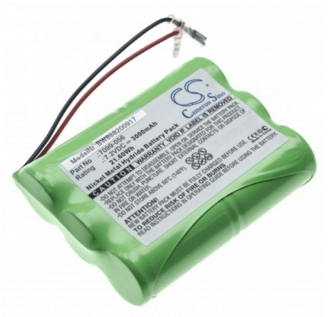 Een groene 7,2V Ni-MH accu met wit specificatielabel, zwart/rode draden en connector-ideaal als hoge capaciteit vervangende batterij voor Wolf-Garten tuingereedschap, compatibel met 7099-056.