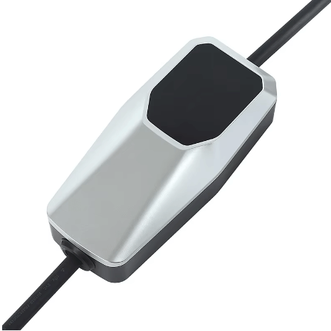 Een Thuislader Type 1 mobiele oplader (1-fase, 16A, 3,7kW) met robuuste zilver-zwarte behuizing en kabels aan beide zijden, geschikt voor elektrische auto's zoals Nissan Leaf en Outlander PHEV, getoond tegen een witte achtergrond.