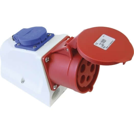 De CEE wandcontactdoos voor buiten is een witte 5-polige 16A contactdoos met blauwe en grote rode 3-fase contactdozen, ideaal voor veilige zware elektrische verbindingen tot 11kW met een 16A thuislader.