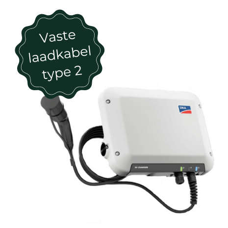 De Laadpaal SMA 3 fase 32A 22kW energy is een witte 3-fase EV-lader met een bijgevoegde zwarte Type 2 laadkabel. Op een donkergroen label staat "Vaste laadkabel type 2". Perfect om te combineren met een PV-systeem voor efficiënt opladen.
