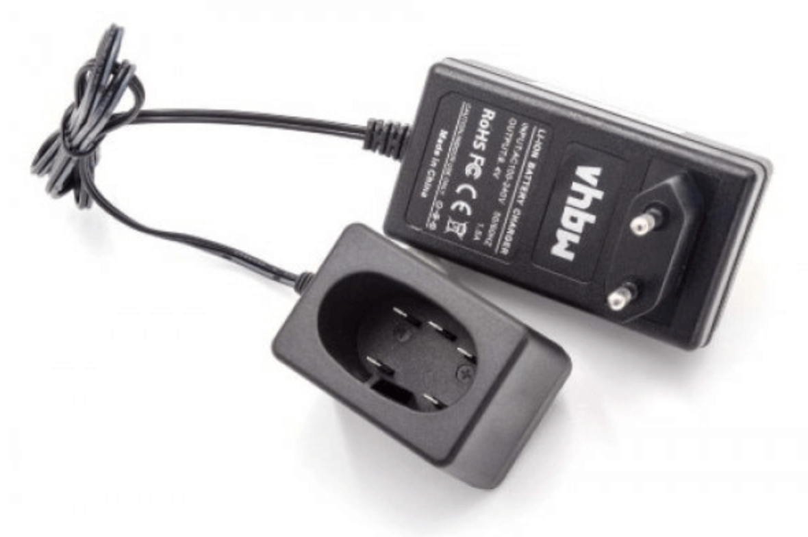 Een zwarte vervangende acculader voor Hitachi 7.2V Li-Ion BCL 715 accu, geschikt voor Hitachi WH 7DL gereedschap en HiKOKI 7.2V, met afneembare stekker en spiraalkabel, gecertificeerd en voorzien van het vhbw logo in wit.