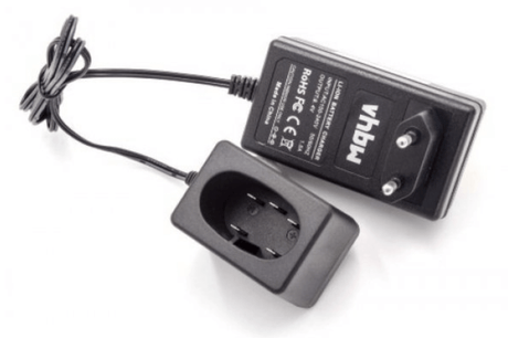 Een zwarte vervangende acculader voor Hitachi 7.2V Li-Ion BCL 715 accu, geschikt voor Hitachi WH 7DL gereedschap en HiKOKI 7.2V, met afneembare stekker en spiraalkabel, gecertificeerd en voorzien van het vhbw logo in wit.