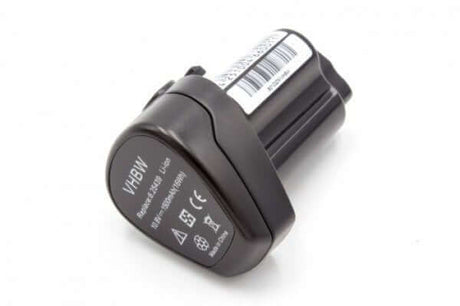 Een zwarte, oplaadbare Li-Ion accu met VHBW-label en specificaties op één kant ligt op een witte achtergrond en dient als vervanging voor de Metabo 10,8V accu, compatibel met modellen zoals PowerMaxx BS/SSD (6.25438, 6.25439).