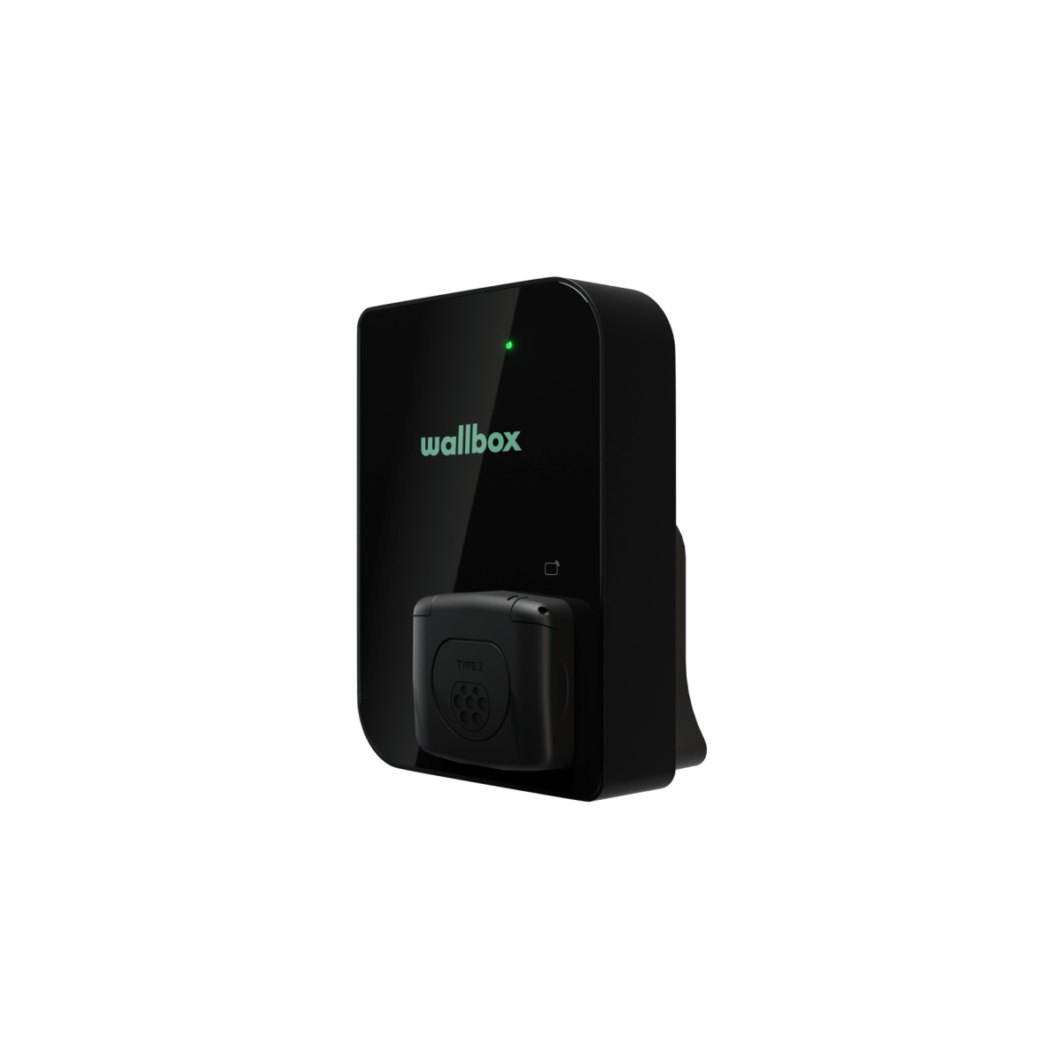 De Laadstation Wallbox Copper SB 22kW type 2 aansluiting in zwart met glanzende afwerking wordt aan de muur bevestigd, heeft een groen indicatielampje en een houder voor de oplaadkabel aan de onderkant.