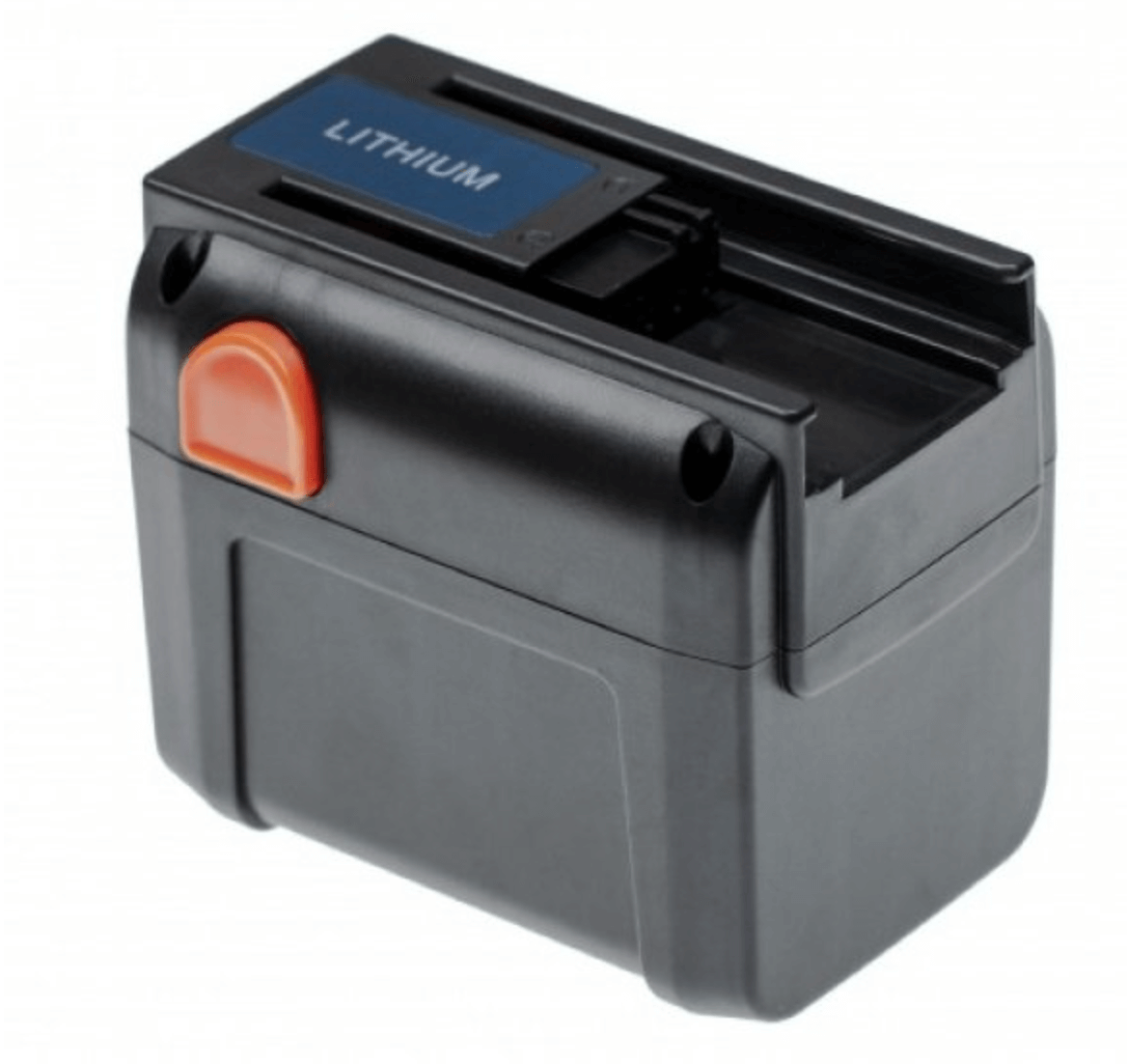 Een zwarte, rechthoekige lithiumbatterij met een blauw LITHIUM-label en oranje zijknop, afgebeeld op wit. Perfect vervangende accu voor Gardena 18V Ni-MH (8835-20, 8839), compatibel met Gardena AccuSystem V18 tuingereedschap.