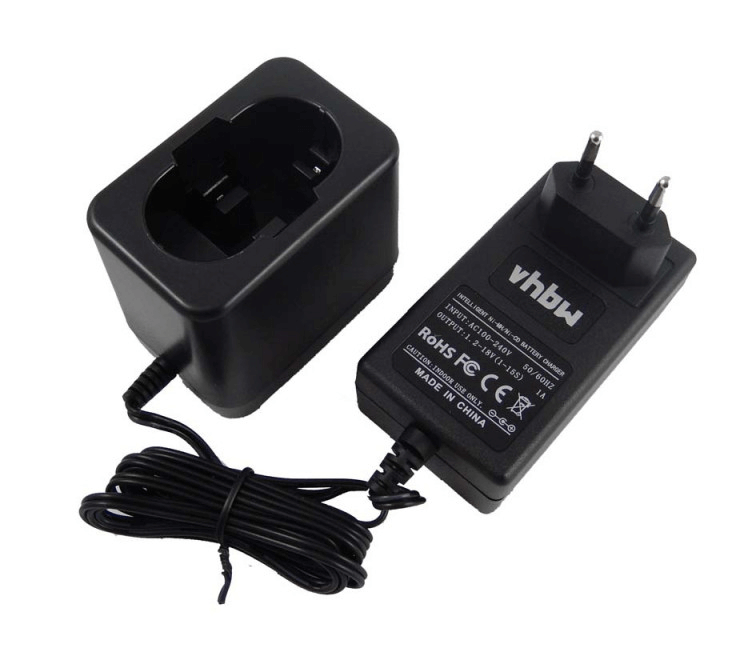 A black vhbw Universele Vervangende Acculader voor Bosch (7,2V-24V Ni-CD/Ni-MH) met twee-polige stekker, afneembaar laadstation en spiraalsnoer. Geschikt voor BAT025, BAT043, BAT180, BAT240 accu's en compatibel met Bosch GSR/GSB/GDR gereedschap.