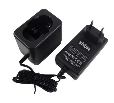 A black vhbw Universele Vervangende Acculader voor Bosch (7,2V-24V Ni-CD/Ni-MH) met twee-polige stekker, afneembaar laadstation en spiraalsnoer. Geschikt voor BAT025, BAT043, BAT180, BAT240 accu's en compatibel met Bosch GSR/GSB/GDR gereedschap.