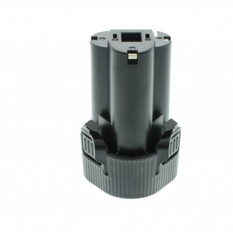 Een Vervangende Makita BL1013 accu - 10,8V Li-ion, ter vervanging van 194550-6, 194551-4, 195332-9 en BL1014, met rechthoekige top en geribbelde ronde basis, gefotografeerd tegen een witte achtergrond.