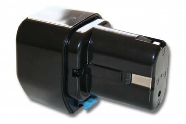 Een zwarte Ni-MH vervangende accu met blauwe zijclips, rechthoekig ontwerp, geschikt voor Hitachi & Hikoki 7.2V gereedschap, compatibel met EB712S, EB714S, EB715S en 325292. Geïsoleerd op een witte achtergrond.