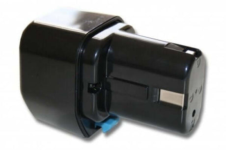 Een zwarte Ni-MH vervangende accu met blauwe zijclips, rechthoekig ontwerp, geschikt voor Hitachi & Hikoki 7.2V gereedschap, compatibel met EB712S, EB714S, EB715S en 325292. Geïsoleerd op een witte achtergrond.