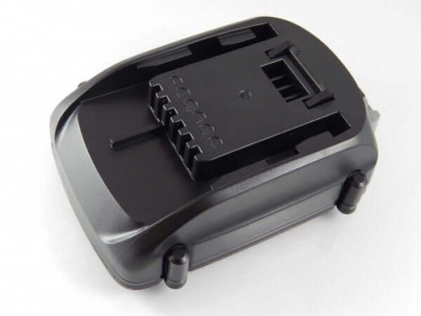 Een zwarte Li-Ion vervangende accu voor Worx 18V/20V PowerShare gereedschap, compatibel met RW9161 en WG/WX/WU series. Rechte behuizing met zichtbare connectoren, gefotografeerd op een witte achtergrond.