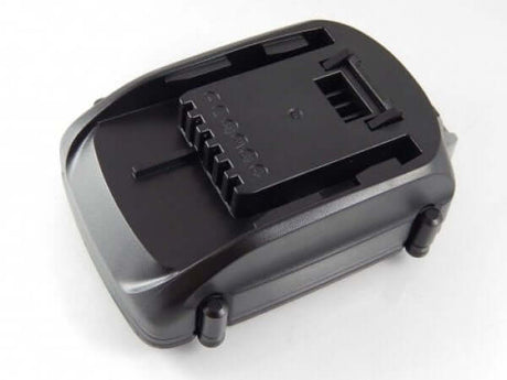 Een zwarte Li-Ion vervangende accu voor Worx 18V/20V PowerShare gereedschap, compatibel met RW9161 en WG/WX/WU series. Rechte behuizing met zichtbare connectoren, gefotografeerd op een witte achtergrond.