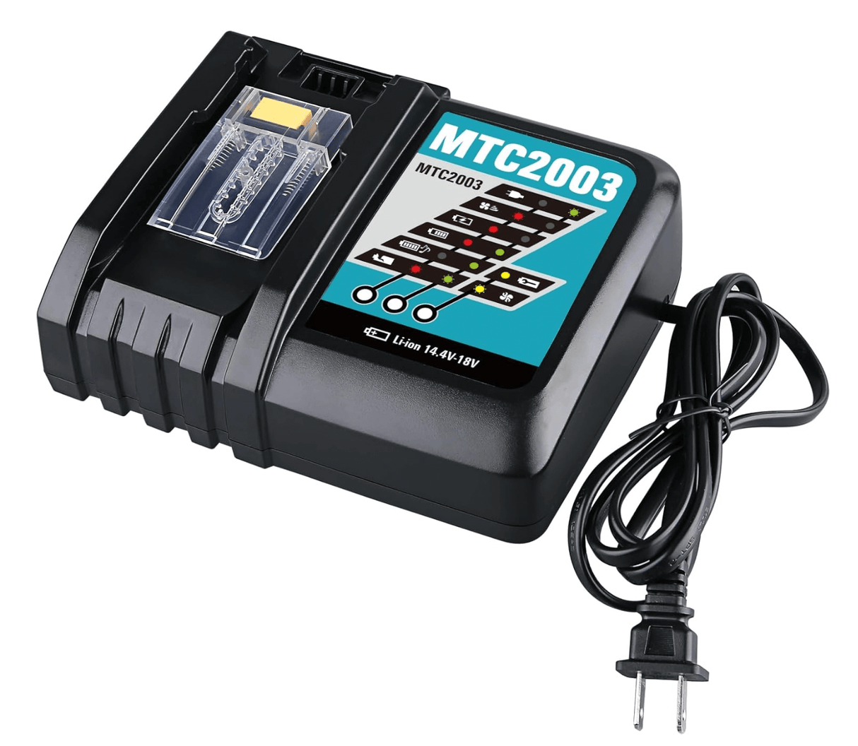 Een zwarte Vervangende lader voor Makita 14,4v - 18v Li-Ion met indicatielampjes, transparante accusleuf en aangesloten netsnoer met tweepolige stekker.